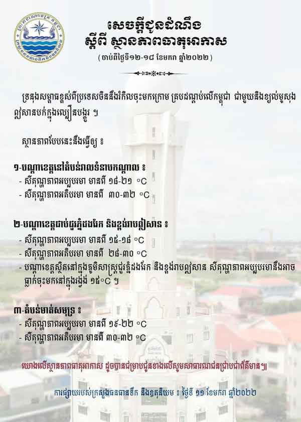 ក្រ​សួង​​​ធ​ន​ធា​ន​ទឹ​ក​ ជូ​​នដំ​ណឹ​ង​​ពី​ ​​​ស្ថាន​​ភាព​​​ធា​តុ​អា​កា​ស​​ នៅ​​​កម្ពុជា ​ចា​ប់​ពី​​ថ្ងៃ​ទី​​​១​២​-១​៨​ ​ខែ​ម​ករា​​